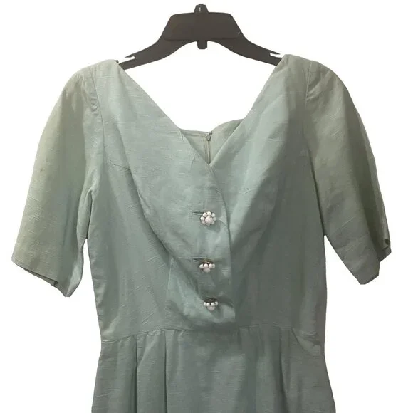 VINTAGE 1950s Josie‎ Shield Mint Green Shantung Fit & Flare Dress Midcentury S - Picture 6 of 15